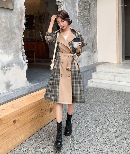 Trench-Coats Femme Manteau Femme Mode Personnalité Plaid Contraste Couleur Plissée Pardessus Fille Dames Long