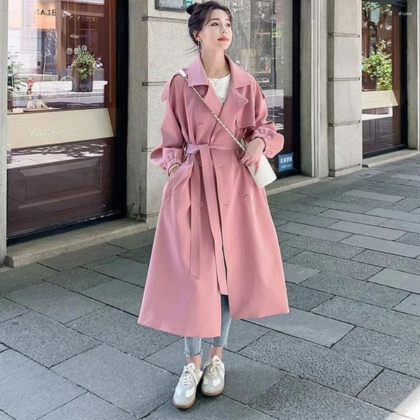 Abrigos de trinchera para mujer Abrigo de mujer Rosa Sólido con fajas Largo Cortavientos Solapa Doble botonadura Casual Outwear 2023 Chaquetas de otoño de primavera coreana