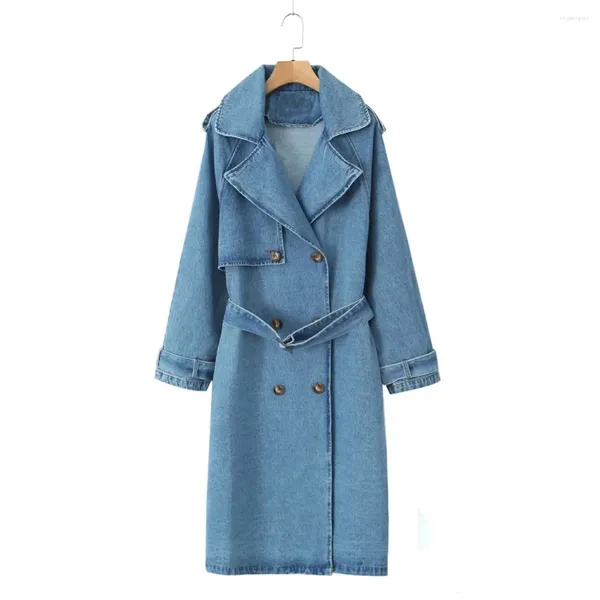 Trenchs de femmes manteaux femmes denim manteau automne hiver avec ceinture bleu jean long double boutonnage