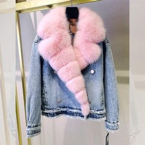 Damesgeul Lagen vrouwen denim jeans jas jas met echt bont kraag 2022 mode winter harige donzig pak luxueus roze groen
