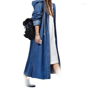 Trenchs de Femmes Femmes Mode Lâche Manches Longues À Capuche Denim Veste Manteau Dames Boutons Occasionnels Jean Cardigan Outwear Tops Bleu Foncé XL