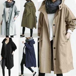 Gabardina para mujer moda primavera otoño Casual con capucha medio largo abrigo suelto a prueba de viento coreano de moda de gran tamaño 230331