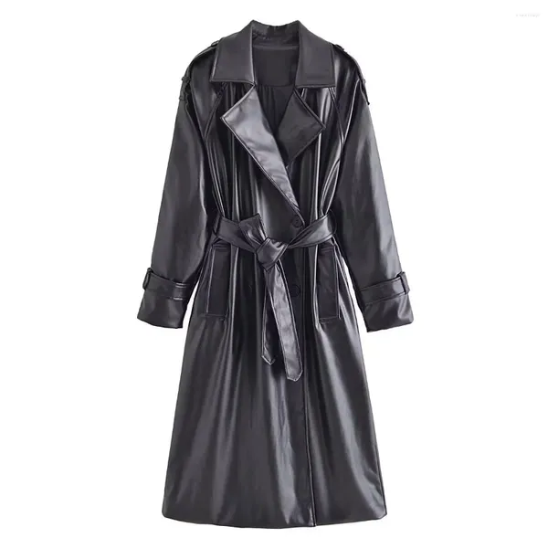 Trenchs de femmes manteaux femmes mode avec ceinture manteau en cuir artificiel vintage manches longues poches vêtements de dessus pour femmes chic pardessus