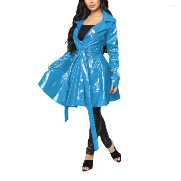 Trenchs de femmes manteaux femmes brillant PVC cuir à manches longues poches à lacets avec ceinture faux latex col rabattu a-ligne rue pardessus