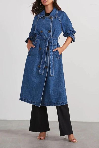 Trenchs de femmes manteaux femmes jean veste manteau noir x-long simple boutonnage automne vêtements d'extérieur 2023 classique ceinturé revers mince denim