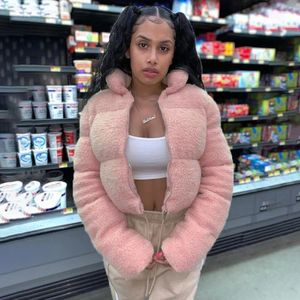 Trenchs de femmes Manteaux Femmes Rose Parka Plus Taille Teddy Cropped Zipper Rembourré Veste Puffer 2024 Hiver Orange Mode Épais Chaud Harajuku