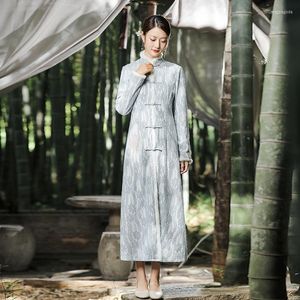 Vrouwen Trenchcoats Vrouwen Retro Chinese Stijl Lange Blauwe Print Disc Knop Jas 2022 Winter Dik En Fleece Dames casual Slim-Type