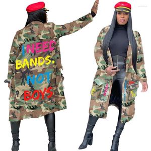 Women's Trench Coats Women's Camouflage Printed Letter Patch-Designs Packet V-Neck Long Sleeve Windbreaker Coat For Women Autumn