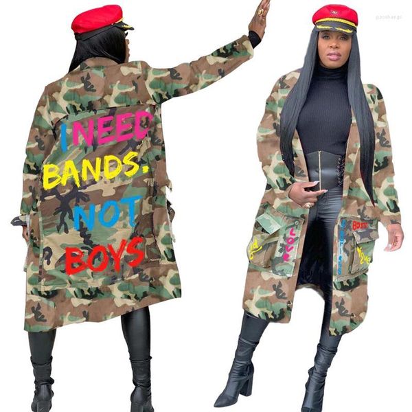 Trenchs de femmes manteaux femmes camouflage imprimé lettre patch-designs paquet col en v à manches longues manteau coupe-vent pour les femmes automne