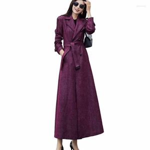 Trenchs Femme Mode Femme X-Long Manteau Femme Printemps Automne Chamois Daim Coupe-Vent Violet Double Boutonnage Ceinture Mince Décontracté