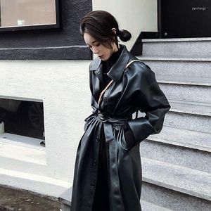 Trench femme manteau long surdimensionné en cuir femme pour femme manches revers coupe ample automne noir grande taille vêtements Streetwear