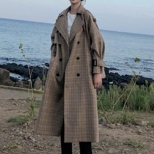 Damesgeul lagen dames oversized losse vrouwen Koreaanse stijl jas dames plaid lange dubbele borsten riem duster oerterwear met