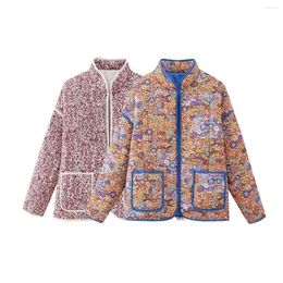 Trenchs de femmes manteaux femmes doux imprimé floral coton rembourré veste matelassée manteau femme poches patch vêtements d'extérieur chic bouton hauts