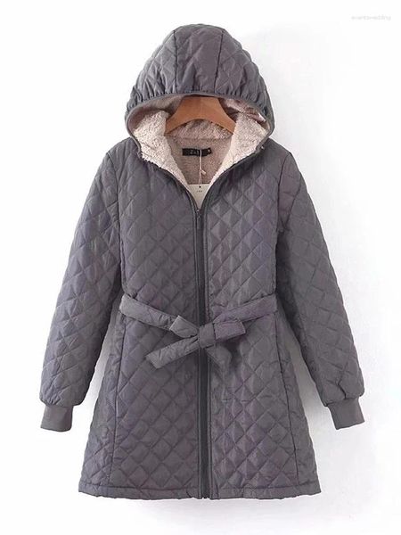 Abrigos de trinchera para mujer Abrigo de invierno para mujer 2024 Parkas de algodón con capucha con cordones Chaqueta larga de terciopelo a cuadros Puños roscados Abrigo cálido Mujer