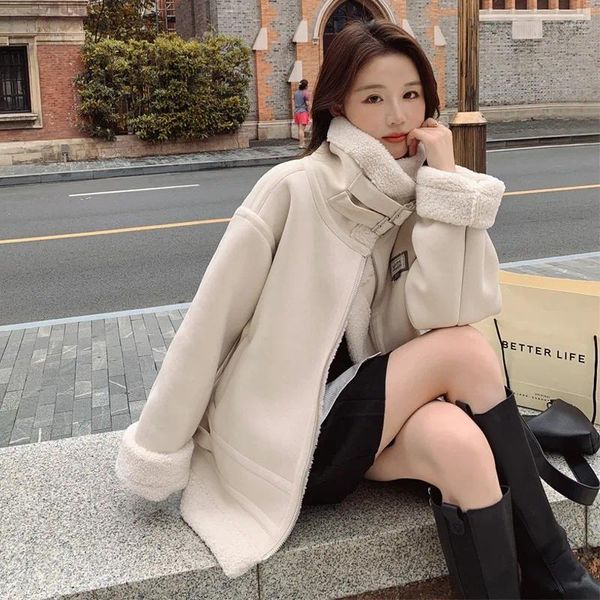 Trenchs de femmes manteaux femmes hiver fausse fourrure vestes en daim fermeture éclair épaissir chaud agneaux laine coréenne dames lâche surdimensionné vêtements d'extérieur hauts femme