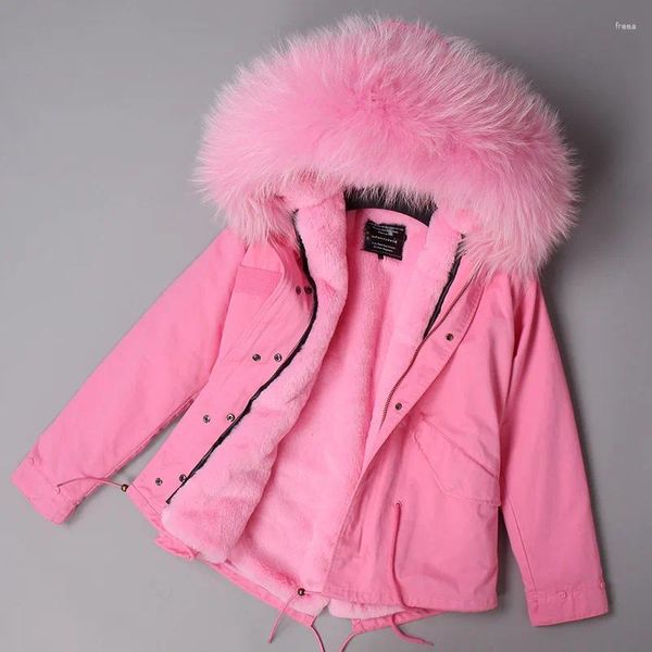 Trenchs de femmes manteaux femmes hiver rose veste épaisse parkas véritable col de fourrure de raton laveur vêtements d'extérieur à capuche