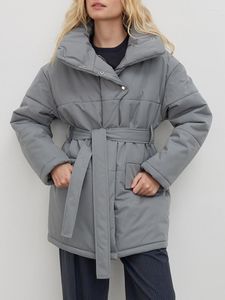 Trench-Coats Femme Hiver Épaissir Vestes Matelassées Chic Col Montant Vintage Ceinture Chaud Vers Le Bas Coton Rembourré Lâche Puffer Parkas