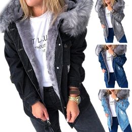 Gabardinas Femininas Jaqueta Quente de Inverno Feminina Gola Fofa com Capuz Jeans de Pelúcia Forrado Manga Longa Jeans Casaco de Botão Abaixo Solto Outerwear