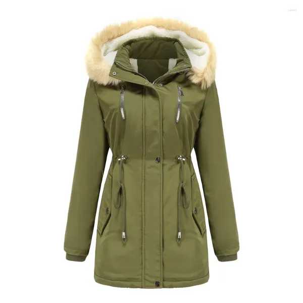 Abrigos de trinchera para mujer Mujeres Invierno Cortavientos Grueso Faux Fleece Ropa de algodón Chicas sueltas Desmontable con capucha Abrigo de peluche Rosa Abrigo verde