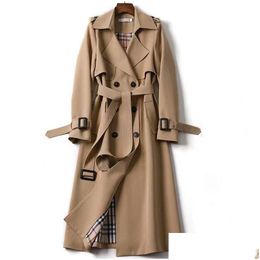 Gabardinas para mujer para mujer primavera otoño diseñador abrigo largo de mujer vestido de color caqui con doble botonadura dama suelta prendas de vestir exteriores moda gota del dhj73