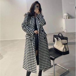 Vrouwen Trenchcoats Wol Blends Vintage Zwart Wit Houndstooth Jas Vrouwen Herfst Chic Lange Notched Hals Pakken Jassen Femme