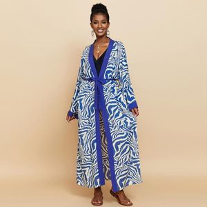 Trenchs pour femmes imprimé zèbre rayé Kimono rayonne femmes luxe ceinture manteau Royal Dubai cheville longueur Robe été plage couvertures Resortwear