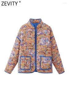 Dames Trenchcoats ZEVITY Dames Zoete Bloemenprint Katoen Gewatteerd Gewatteerd Jasje Vrouwelijke Zakken Patch Bovenkleding Chique Knopen Tops