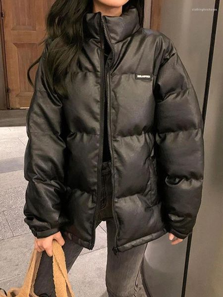 Gabardinas para mujer Zoki Streetwear Y2K Mujeres Pu Parkas Invierno Cuero grueso Negro Puffy Moda Cálido Algodón Abajo Femenino Chic Cremallera Chaqueta