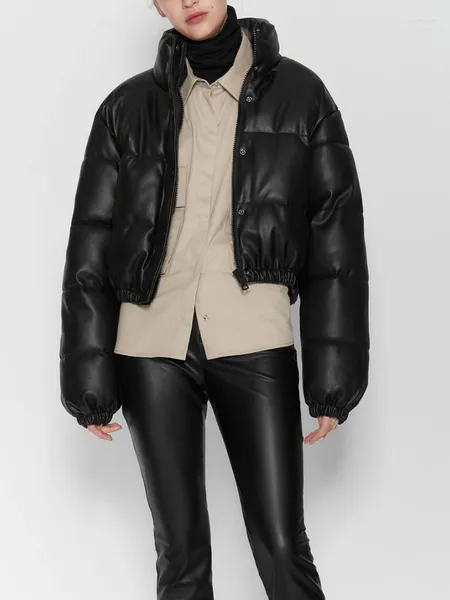 Abrigos de trinchera para mujer Zoki Invierno Grueso Mujeres Parkas cortas Moda cálida PU Cuero Bomber Abrigo Negro Algodón Acolchado Mujer Cremallera Puffer Down