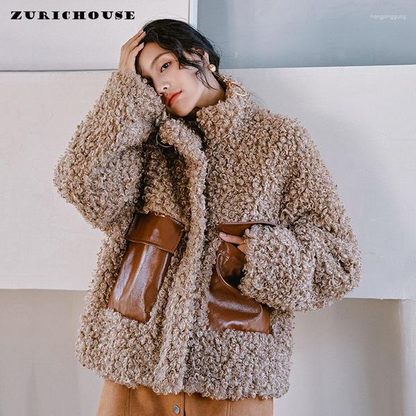 Abrigos de zanjas para mujer Zurichouse Marca Parka Cálido Moda suelta Oso de peluche Chaqueta de lana de alta calidad PU Cuero Faux Fur Coat Invierno