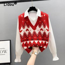 Dames Trendy Vintage Argyle Kawaii Cartoon Pullover Gebreide Trui Vest Y2K Vrouwelijke V-hals Mouwloos Los Bovenkleding Vest 240125