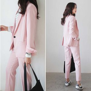 Dames broeken pak vrouwen kleding herfst en winter mode OL hoge kwaliteit kantoor roze blazer broek set tweedelige 210527