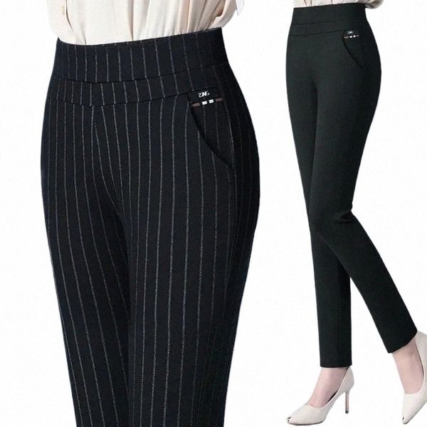 Pantalon femme Stripes Black OL Vêtements formels pour femme Pantalon Automne Hiver Slim Femal Vêtements Longueur cheville élastique B L0pS #