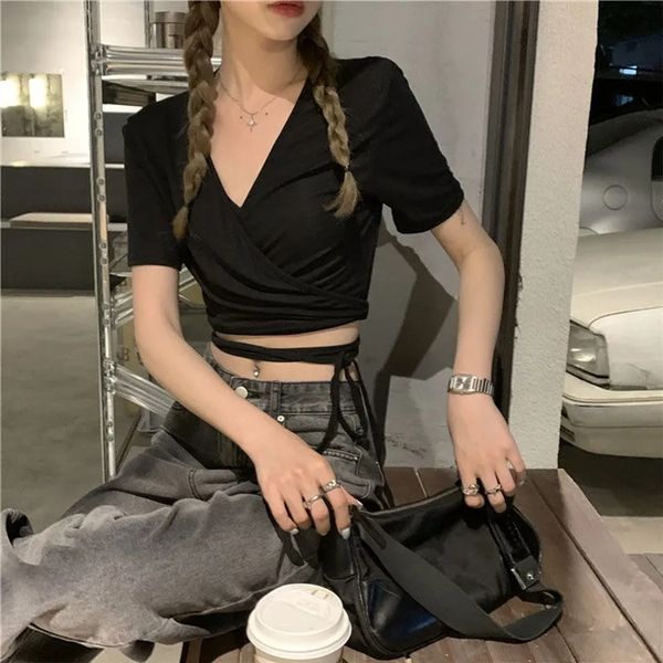 TShirt femme 223 Summer Casual Tee Top T-shirts Solid Vneck Sexy Cropped Cross TieUp Harajuku Basic Korean Street T-shirts mujer 23414