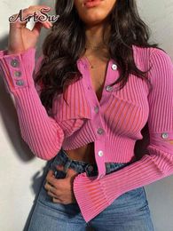 T-shirt Femme Artsu Mignon Rose Kinited Top Court Femmes Y2k Ruché Crop À Manches Longues Camisole Winter Party Club Vintage 230310