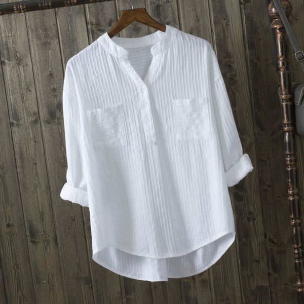 Camiseta de mujer Otoño Camisa de mujer Manga larga Suelta con cuello en V Blusa blanca Bolsillos dobles Casual Blusas de mujer 100 Camisas de algodón Tops D76 230131