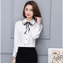 Dames T -shirt Big Size 4xl Dames Bow Long Sleeve Button Blouse Chic Elegant Spring Fall Office Turn Down Collar Formal Shirt Casual Tops 230131