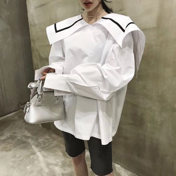 Camiseta de mujer Blusas Primavera Otoño Manga larga abullonada Cuello de marinero blanco Blusa suelta de talla grande Ropa de moda coreana Camisa de mujer casual 230131
