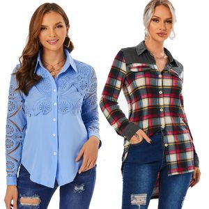 T-shirt pour femmes boutonné à carreaux avec rabat détail haut bas à manches longues chemises décontractées col hauts dames t-shirt lâche streetwear mode XXXL 230206