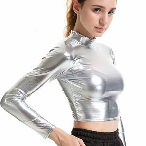 Camiseta de mujer CHSDCSI PU Top corto Mujer Cuero brillante High Street Cuello alto Dance Clubwear Manga larga s Gold Silver Disfraces camiseta 230206