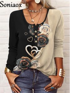 T-shirt femme élégant géométrique fleur imprimé t-shirt automne col en U bouton manches longues t-shirts trajet femme hauts vêtements décontractés en vrac 230317