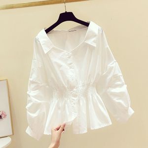 Dames t -shirt elegante off schoudertop lange mouw tuniek blouses vrouwen knopen wit shirt afslaan kraag casual 230131
