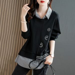 Dames t -shirt mode printen gesplitste gestreepte nep twee stukken tee shirt vrouw kleding herfst casual pullovers tops losse Korean 230110