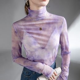 Dames t -shirt meisjes semitransparant gedrukte paarse mesh t -shirts tees vrouwelijke coltrui t -shirt toppen voor vrouwen 221124