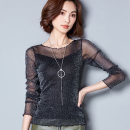 Dames t -shirt glitter mesh blouse sexy dames shirts shirts lange mouw tops Korean zwart roze oneck elegante slanke camisas femininas 230131