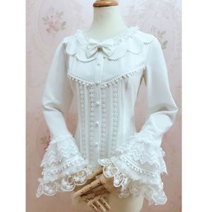 Camiseta de mujer Precioso estilo retro Mujer Lolita Blusa blanca Camisa de manga larga de campana dulce con borlas 230131