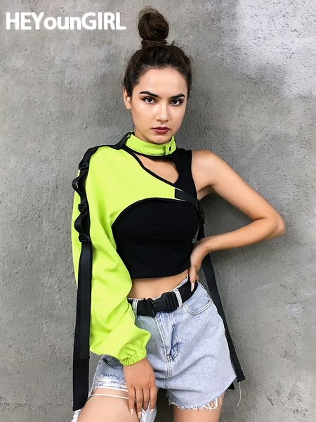 Camiseta Feminina HEYounGIRL Verde Neon Um Ombro Fora Halter Top Harajuku Preto Refletivo Camiseta Feminina Hip Hop Street Wear Femme 230503