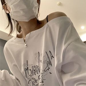 Maglietta da donna HOUZHOU Maglietta bianca Manica lunga Y2k Top Grafica di moda coreana con spalle scoperte T-shirt oversize Nera Maglietta Harajuku Vintage 230110