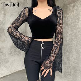 TShirt Femme InsDoit Vintage Gothique Velours Dentelle Top Harajuku Sexy Perspective Manches Longues Crop Top Automne Élégant Esthétique Basique Top 230511