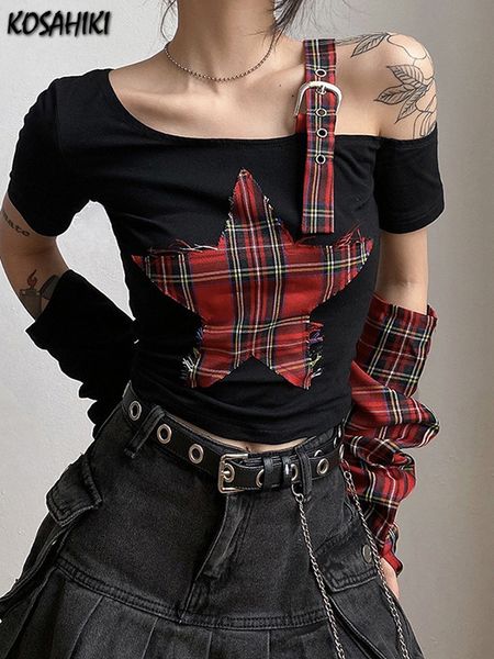 T-shirt femme KOSAHIKI Summer Star Patchwork Crop Tops T-shirt à carreaux Femme Mode Off Single Shoulder Y2k Tee OverSleeve Fairy Grunge Shirts 230110